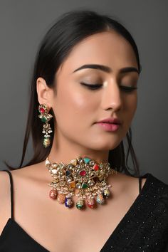 Beautiful Indian Kundan Navratan Choker Necklace, Kundan Necklace Set Earrings, Ethnic Sabyasachi Necklace, Bridal Jewelry, Polki Choker Set Heritage-inspired Kundan Navratan Necklace Set with Earrings This pretty necklace is sure to take your wedding dressing game a notch higher with much ease. This stunner of a necklace set is meant for royalty and is sure to fetch you compliments in plenty. * Necklace Length: Choker (comes with adjustable sarafa/dori/cord) * Earrings Length: 2.25 inches approx * Material: Brass and stone * Package: Necklace And Earring STYLE TIP: The Look Is Stunning And Perfectly Suitable For All Kinds Of Dressy Occasions. Wear with an ethnic outfit for any occasion. This traditional set can complement any International attire. ABOUT US: Jaipri makes each piece of its Multicolor Chandbalis With Intricate Design For Festivals, Traditional Multicolor Kundan Necklace For Festive Occasions, Festive Multicolor Kundan Necklace With Intricate Design, Multicolor Chandbalis With Intricate Design For Celebration, Bollywood Style Multicolor Chandbalis With Intricate Design, Multicolor Temple Necklace With Tilla For Navratri, Multicolor Temple Necklace With Tilla For Festive Occasions, Multicolor Chandbali Temple Necklace For Navratri, Bollywood Style Multicolor Temple Necklace For Navratri