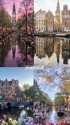 four different pictures with flowers and boats in the water at dusk, sunrise or sunset