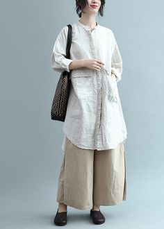 Bohemian Lapel Button Down Cotton Top Silhouette Organic Fashion Beige Plus Size Clothing Blouses Summer Beige Linen Outfit, Japan Clothing Style, Sewing Tops For Women, Clothing Blouses, Trendy Sewing Projects, Trendy Sewing Patterns, Sewing Tops, Organic Fashion, Sewing Projects Clothes