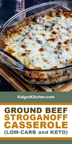 low - carb ground beef casserole with cauliflower rice in a glass dish