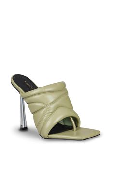 Modern Green Open Heel Heels, Chic Green Sandals With 4-inch Heel, Green Open Toe Sandals With Sculpted Heel, Green Heels With Padded Heel, Green Open Heel Padded Heels, Green Open Heels With Padded Heel, Green Open Heel Heels With Padded Heel, Green Synthetic Sandals With 4-inch Heel, Modern Green Sandals For Party