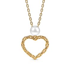 Spread some love with this heart-shaped necklace. Simple but not plain, this necklace makes a little lovely gift for a loved one or yourself. Crafted in gold-tone sterling silver, inspired by contemporary style, this piece features a chain heart and a cultured pearl design. A statement finishes any look. Treat yourself or surprise her with this piece.Carat Weight: 1 ctStone Size: 5 mmStone Type: Jeulia® StoneNumber of Stones: 1 Stone Shape: RoundStone Color: Diamond WhiteWeight: 3.32 gMaterial: Elegant Heart Pendant Necklace With Box Chain, Valentine's Day Necklace With Box Chain And Heart Pendant, Valentine's Day Yellow Gold Box Chain Necklace, Heart-shaped Yellow Gold Necklace With Box Chain, Yellow Gold Heart-shaped Necklace With Box Chain, Yellow Gold Heart Necklace With Box Chain, Elegant Sterling Silver Heart Necklace With Cable Chain, Valentine's Day Heart Pendant Necklace With Box Chain, Valentine's Day Heart Necklace With Box Chain