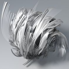 an abstract sculpture made out of metal strips on a gray background with white lines in the foreground