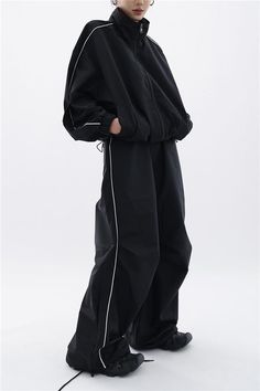 Product information: Fabric name: Polyester Color: black pants, black coat Sleeve type: conventional sleeve Size: S,M,L,XL Applicable Gender: Female Sleeve length: long sleeve Packing list: 1* Coat/Pant Product Image: Black Long Sleeve Track Jacket With Pockets, Long Sleeve Tracksuit With Pockets For Streetwear, Long Sleeve Tracksuit For Streetwear, Streetwear Tracksuit With Long Sleeves And Pockets, Black Sweatpants With Elastic Cuffs For Streetwear, Black Track Jacket With Ribbed Cuffs For Work, Black Techwear Sweatpants For Spring, Black Long Sleeve Outerwear With Elastic Cuffs, Black Long Sleeve Tracksuit With Pockets