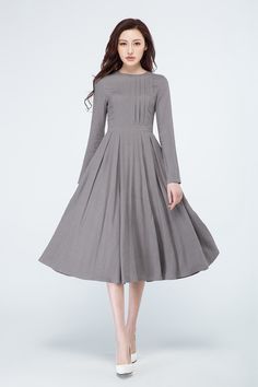 Dress Designs Simple, Chifon Dress, Pleated Dress Long, Long Sleeves Dress, Linen Dress Women, Long Linen Dress, Dress Pleated, Dress Linen, Grey Dress