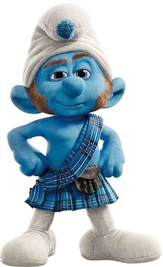 the smurfs character is dressed up in blue and white clothing, with his hands on his hips