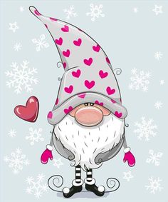 a cartoon gnome with hearts on a snowflaked background, holding a heart