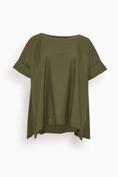 Maglia Max Clara in Olive Effortless Cotton Tops With Rolled Sleeves, Summer Boxy Fit Short Sleeve Cotton Top, Loose Fit Cotton Summer Tops, Spring Cotton Tops With Loose Fit, Loose Fit Cotton Top For Spring, Loose Fit Cotton Tops For Summer, Oversized T-shirt With Shirttail Hem For Summer, Casual Loose Fit Summer Tops, Effortless Oversized Summer T-shirt