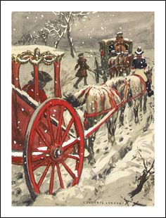 an old fashioned christmas card with horses pulling a sleigh through the snowy woods