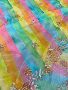 Rainbow color organza saree with embroidery cut work in pearls Comes with blouse piece Transparent Organza Saree With Embroidery, Embroidery Work Saree, Organza Embroidery, Organza Saree, Work Sarees, Rainbow Color, Embroidery Work, Cut Work, Blouse Piece