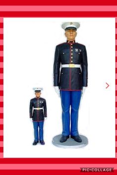 a statue of a man in uniform standing next to a toy soldier on a red and white checkered background