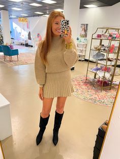 Fits true to size! Sami is 5’9” and wearing a medium. Fashion Sites, Vintage Boots, Pleated Mini Skirt, Clothing Patterns, Mini Skirt, Sweater Dress, Mini Skirts, Boutique, Skirt