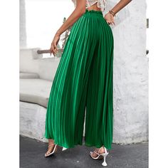 Green High Waist Pleated Wide Leg Casual Pants Green Pleated Bottoms For Spring, Spring Green Pleated Bottoms, Pleated Summer Trousers, Summer Pleated Trousers, Pleated Wide-leg Pants For Summer, Pleated Wide Leg Pants For Summer, Chic Green Pleated Bottoms, Summer Pleated High-waisted Pants, Casual Pleated Pants For Spring