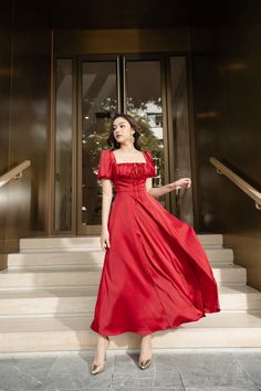 Ruched A-line Bridesmaid Dress, Elegant Red Midi Dress With Ruched Bodice, Red Satin Dress For Banquet, Red Satin A-line Dress, Silk A-line Dress With Ruched Detail, Elegant Red Dress With Pleated Bodice, Red Fitted Floor-length Satin Dress, Red Square Neck Dress For Wedding, Red Square Neck Wedding Dress