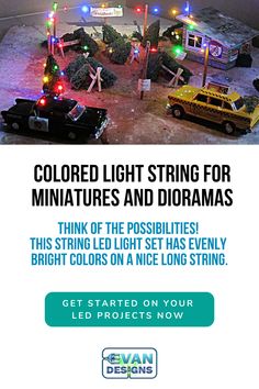 an ad for christmas lights and decorations with the words, colored light string for miniatures and dioramass