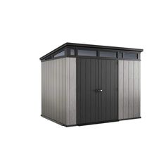 an outdoor storage shed with the door open