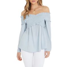 Vici Ascension Top Smocked Panels Texture The Off-The-Shoulder Neckline Of A Flattering Top With A Gently Flared Silhouette And Sleeves. Long Sleeves Polyester Hand Wash Color: Waterlily, Pale Blue Style Number: Vt0143 Size Medium New With Tags Flowy Smocked Top For Spring, Chic Smocked Top With Elastic Neckline For Brunch, Spring Flowy Peasant Top With Smocked Back, Spring Flowy Smocked Top For Brunch, Spring Brunch Blouse With Smocked Bodice, Flowy Smocked Top For Brunch, Chic Flowy Smocked Top With Smocked Cuffs, Flowy Blouse With Smocked Back For Brunch, Spring Blouse With Smocked Bodice For Brunch