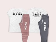 Promoted to Mama and Dada with year on shirts, and Mama or Dada on joggers is the perfect outfit for dad and mom coming home from hospital. Great personalized new mama gift set for Babyshower, gift from husband to wife, or add to your mommy wardrobe. The unisex fit joggers with elastic waistband, side pockets, and soft ankle cuffs feels so comfortable and cozy it will become your favorite loungewear or quick outfit to run errands.  This mom and dad matching sweatpants set will up your loungewear Matching Going Home Outfits, Coming Home From Hospital, Hospital Outfit, Labor Delivery, Fitted Joggers, Quick Outfits, Sweatpants Set, Ankle Cuffs