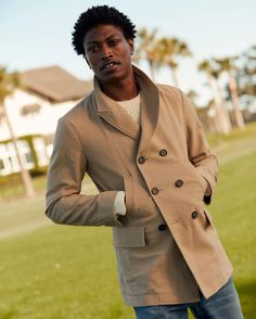 CANVAS BOND PEACOAT IN SAND – Billy Reid Classic Gabardine Pea Coat For Spring, Classic Spring Pea Coat In Gabardine, Classic Tailored Double-breasted Outerwear, Timeless Double-breasted Outerwear With Double Button, Classic Long Gabardine Pea Coat, Classic Gabardine Pea Coat With Hidden Buttons, Luxury Beige Double-breasted Pea Coat, Classic Single-breasted Gabardine Pea Coat, Double-breasted Gabardine Pea Coat With Hidden Buttons