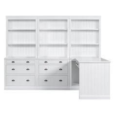 a white bookcase and dresser with drawers