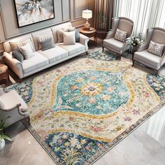 a living room filled with furniture and a large rug on top of a hard wood floor