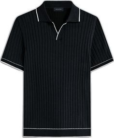 Casual Black Polo Sweater With Striped Collar, Classic Collared Polo Sweater With Contrast Stripes, Black Polo Tops With Contrast Collar, Fitted Black Polo Shirt With Striped Collar, Black Short Sleeve Polo Shirt With Contrast Trim, Black Polo Shirt With Contrast Trim And Short Sleeves, Black Tops With Contrast Trim Collar, Black Top With Johnny Collar, Black Collared Polo Shirt With Contrast Trim