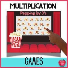 a hand pointing at a movie screen with popcorn on it and the words,'multiplication popping by 3s '