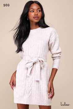 There's nothing better than falling leaves, pumpkin spice, and the Lulus Wishing on Winter Cream Cable Knit Mini Sweater Dress! Ultra soft and comfy cable knit shapes this seasonal dress that has a crew neckline and relaxed bodice, framed by long sleeves. The bodycon silhouette features a tying sash at the waist before falling to a figure-skimming mini hem. Contrasting ribbed knit accents the neckline and hemline. Fit: This garment fits true to size. Length: Mid-thigh. Size medium measures 32.5" Cozy Cream Sweater Dress For Fall, Cozy Cable Knit Dresses For Fall, Fall Cable Knit Dresses, Cream Knit Dress For Fall, Cream Knit Dresses For Fall, Beige Sweater Dress For Fall Loungewear, Cozy Fall Loungewear Dresses, Cozy Loungewear Dresses For Fall, Tall Boots Outfit