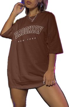 Brown Short Sleeve T-shirt With Letter Print, Oversized Brown T-shirt With Letter Print, Brown Short Sleeve Tops With Letter Print, Half Sleeve Tops With Letter Print For Streetwear, Streetwear Half Sleeve Tops With Letter Print, Half-sleeve Tops With Letter Print For Streetwear, Casual Half Sleeve T-shirt With Letter Print, Brown Letter Print Top For Summer, Brown T-shirt For Spring Streetwear