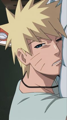 an anime character with blonde hair and blue eyes looking to his left while holding onto another character's arm