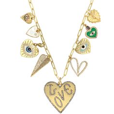 9 Heart & Eye Charms on Paperclip Chain Necklace Yellow & Oxidized Gold Plated Cubic Zirconia Chain: 17-19" Length Heart Best Friend, Pave Ear Cuff, Leather Beaded Necklace, Cross Choker Necklace, Triple Layer Necklace, Heart Eye, Paperclip Chain Necklace, Charm Choker Necklace, Pendant Necklace Simple