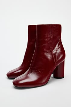 HEELED LEATHER ANKLE BOOTS Red Heeled Boots, Dark Red Boots, Maroon Boots, Boots With Jeans, Round Toe Ankle Boots, Groovy Clothes, Burgundy Boots Ankle, Red Leather Boots, Boots Outfit Ankle