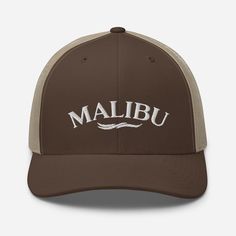 We grew up surfing Malibu. Our Malibu Wave Embroidered Trucker Hat is super-soft and so comfortable. Perfect for a morning walk or run or a day in the sun. Or just for hanging out. Malibu style. Six-panel cap with a mesh back. We ship our hats in boxes so they won't get crushed in shipping. Beach Trucker Hat With Embroidered Logo And Curved Brim, Trucker Hat With Embroidered Logo For Beach, Casual Outdoor Trucker Hat With Embroidered Logo, Casual Trucker Hat With Embroidered Logo For Outdoor, Brown Trucker Hat With Embroidered Logo For Outdoor, Casual Brown Trucker Hat For Sports, Casual Trucker Hat With Letter Print For Outdoors, Casual Brown Baseball Cap For Beach, Malibu Style