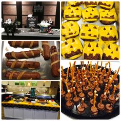 several pictures of food including hotdogs, pretzels and marshmallows