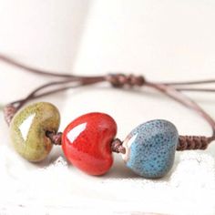 Glazed Ceramic Heart Bracelet or Anklet Adjustable Cord by SimplyChicByAngela on Etsy