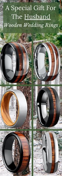 the wedding rings are made from wood and metal, with different designs on each side