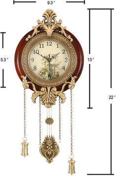 a clock with chains hanging from it's sides and numbers on the front side