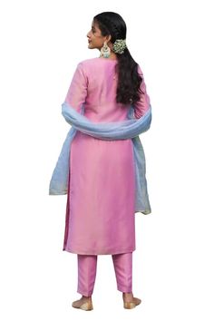 Pink kurta with sequin embroidery on neckline. Paired with straight fit pant and blue badla work dupatta. - Aza Fashions Badla Work, Pink Kurta, Kurta Set For Women, Straight Fit Pants, Sequin Embroidery, Sequins Embroidery, Kurta Set, Pants Pattern, Set For Women