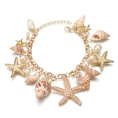 Golden Seashell & Starfish Charm Bracelet Matching Necklace Sold In Another Listing Bundle Both & I'll Send You A Discounted Offer Bracelets Outfit, Gold And Jewelry, Bracelets With Charms, Seashell Bracelet, Vacation Jewelry, Cheap Bracelets, Stella Marina, Bracelets Charm, Starfish Bracelet