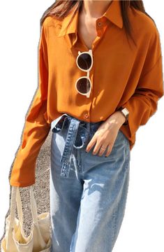 Long Sleeve Chiffon Shirt For Work, Trendy Long Sleeve Solid Color Blouse, Long Sleeve Solid Summer Blouse, Long Sleeve Solid Blouse For Summer, Casual Chiffon Blouse For Fall, Casual Long Sleeve Chiffon Blouse, Orange Blouse For Fall Day Out, Orange Fall Blouse For Day Out, Trendy Solid Color Chiffon Blouse