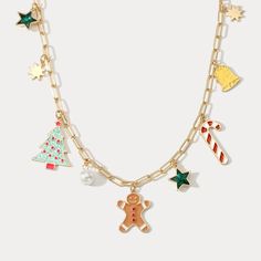 Celebrate the holidays with this festive Christmas Tree Gingerbread Man Necklace. This delicious-looking necklace features a gingerbread man hanging from a tree, making a perfect addition to any holiday ensemble. Spread the Christmas cheer with this fun and quirky accessory! DETAILS Plating: 18K Gold Materials: 18K Gold on Brass, Dripping oil,  Imitation Pearl, Zircon Measurements :   Length: 15.75"(40cm) + Extender: 1.97"(5.0cm) Weight: 21g Christmas Charm Necklace, Christmas Jewerly, Christmas Tree Gingerbread, Burr Basket, Man Necklace, Cinderella Pumpkin, Unique Gift Wrapping, Christmas Necklace, Necklace Charms