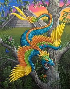 a painting of a colorful dragon sitting on top of a tree