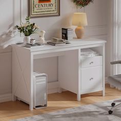 a white desk with two drawers and a lamp