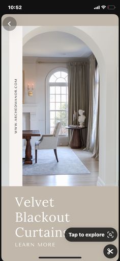 an image of a living room and dining room with the text velvet blackout curtain tap to explore learn more