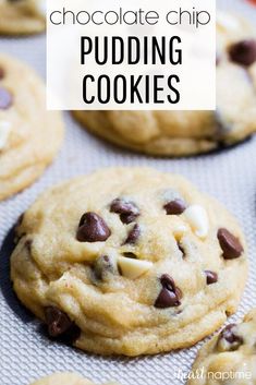 chocolate chip pudding cookies on a baking sheet with text overlay that reads, chocolate chip pudding cookies