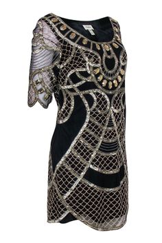 Show off your fabulous flapper fashion in this glamorous dress that marries roaring 20's charm with modern elegance from Temperley London. The dress features a deep scoop neckline, scalloped hem and sleeves, and a tantalizing blend of gold and black beading that dances over sheer fabric lined for your comfort. Paired with a statement headband and T-strap heels, you'll be the belle of any jazz-age-inspired soirée. Size 6 Shell 100% Nylon Lining 100% Silk Gold & silver embellishment Scalloped hem Fitted Embellished Flapper Sequin Dress, Fitted Art Deco Flapper Dress Embellished, Fitted Art Deco Embellished Flapper Dress, Fitted Embellished Flapper Dress In Art Deco Style, Fitted Flapper Dress For Wedding And Party Season, Fitted Flapper Dress For Wedding Party Season, Gatsby Style Fitted Sequin Dress For Party Season, Black Gatsby Style Gala Dresses, Black Gatsby Gala Dress