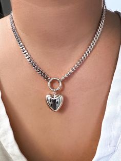 Silver Love Puff Heart Necklace, 3D Puffy Heart Necklace on Thick Curb Chain, Chunky Heart pendant Necklace, Gift for women, Heart necklace SIlver --------------------------------------------------------------------- >> BECAUSE THE CHAIN IS CUT TO ORDER, NO RETURN OR EXCHANGE FOR THIS NECKLACE << --------------------------------------------------------------------- + FEATURES + - Rhodium Thick Curb chain - High Quality Rhodium plated Puffy Heart measures approx. 30mm x 30 - CZ Clasp Charm Holder Heart-shaped Silver Chain Necklace, Elegant Heart-shaped Stainless Steel Charm Necklaces, Silver Heart-shaped Stainless Steel Necklace, Heart-shaped Stainless Steel Charm Necklace With Adjustable Chain, Adjustable Heart-shaped Nickel-free Charm Necklace, Puffy Heart Necklace, Charm Holder, Puffed Heart, Puffy Heart