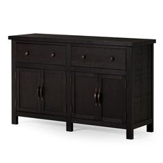 the sideboard has two doors and three drawers