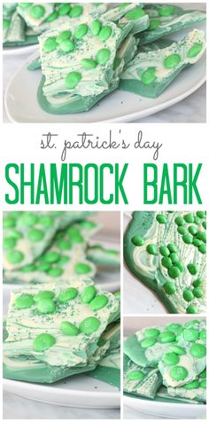 green and white dessert with text overlay that reads st patrick's day shamrock bark