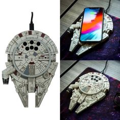 the star wars millennium falcon phone charger is on display